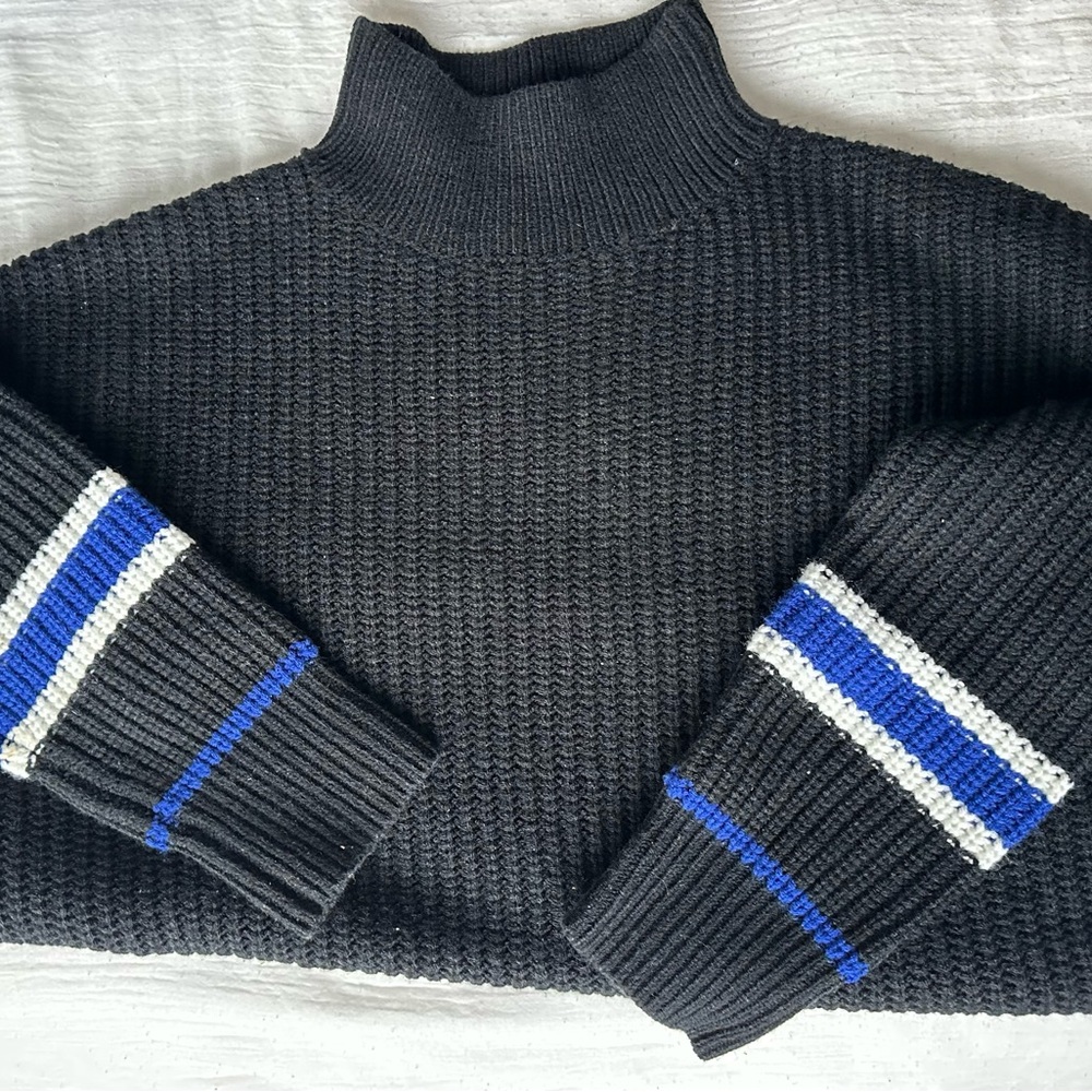 Sanctuary Black Turtleneck Sweater with Blue and White Stripes